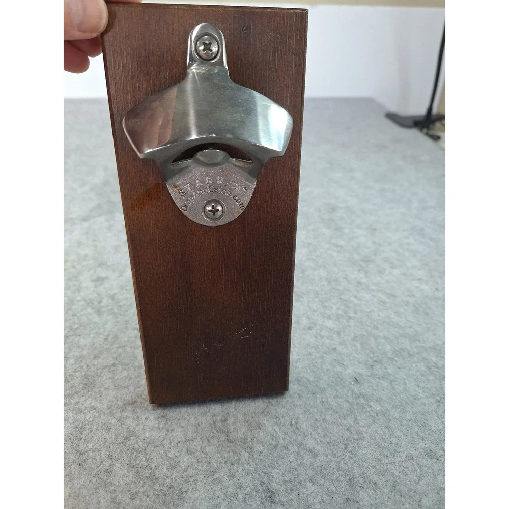 STARR X Magnetic Wall Mount Bottle Opener Wood Plaque DropAndCatch Brown Silver